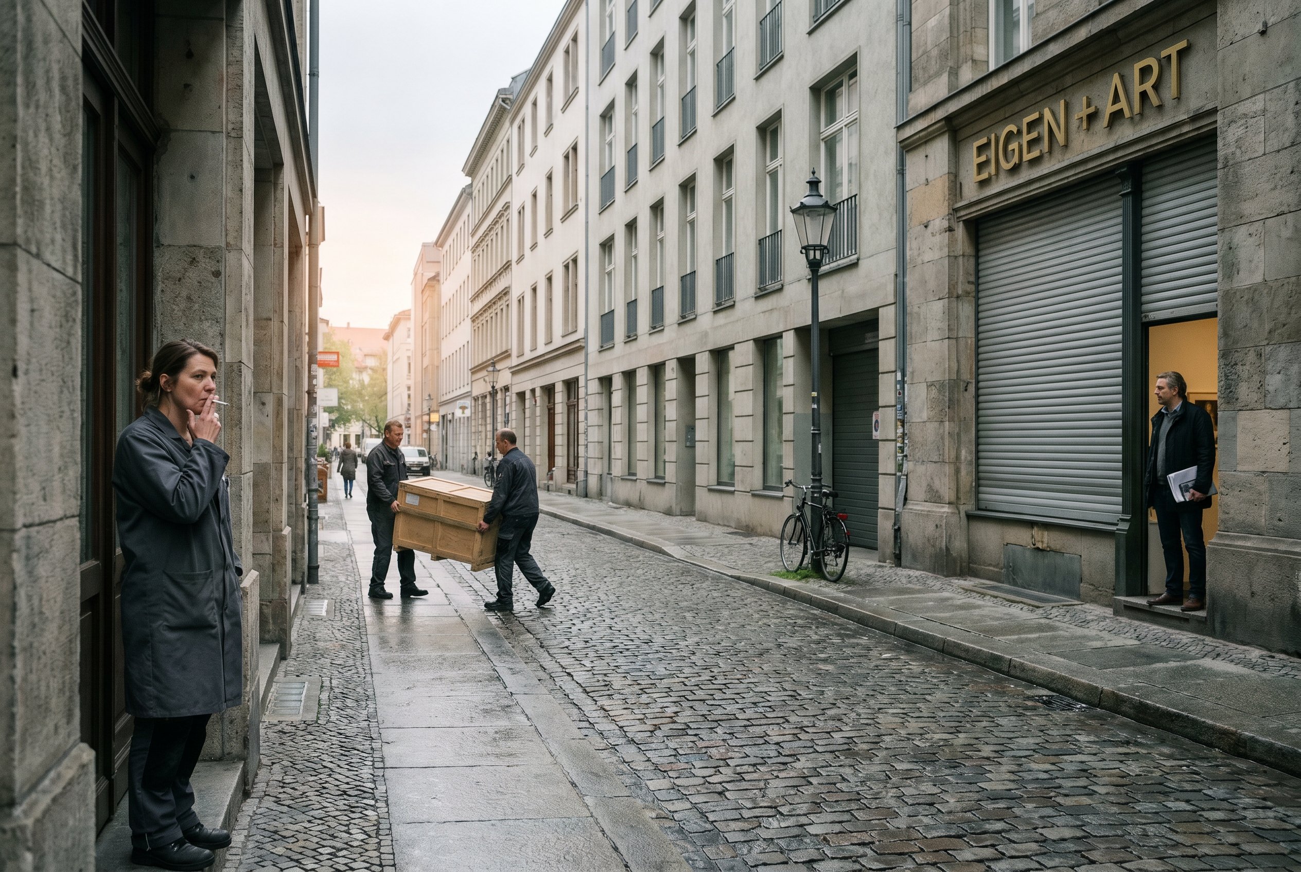 Auguststrasse in Berlin-Mitte, gallery quarter at half-volume on a Tuesday late morning — Eigen+Art shutter rolled a third down, woman in a long grey work-coat smoking outside number twenty-six, two installers crossing the cobbles with a wooden crate at hip-height