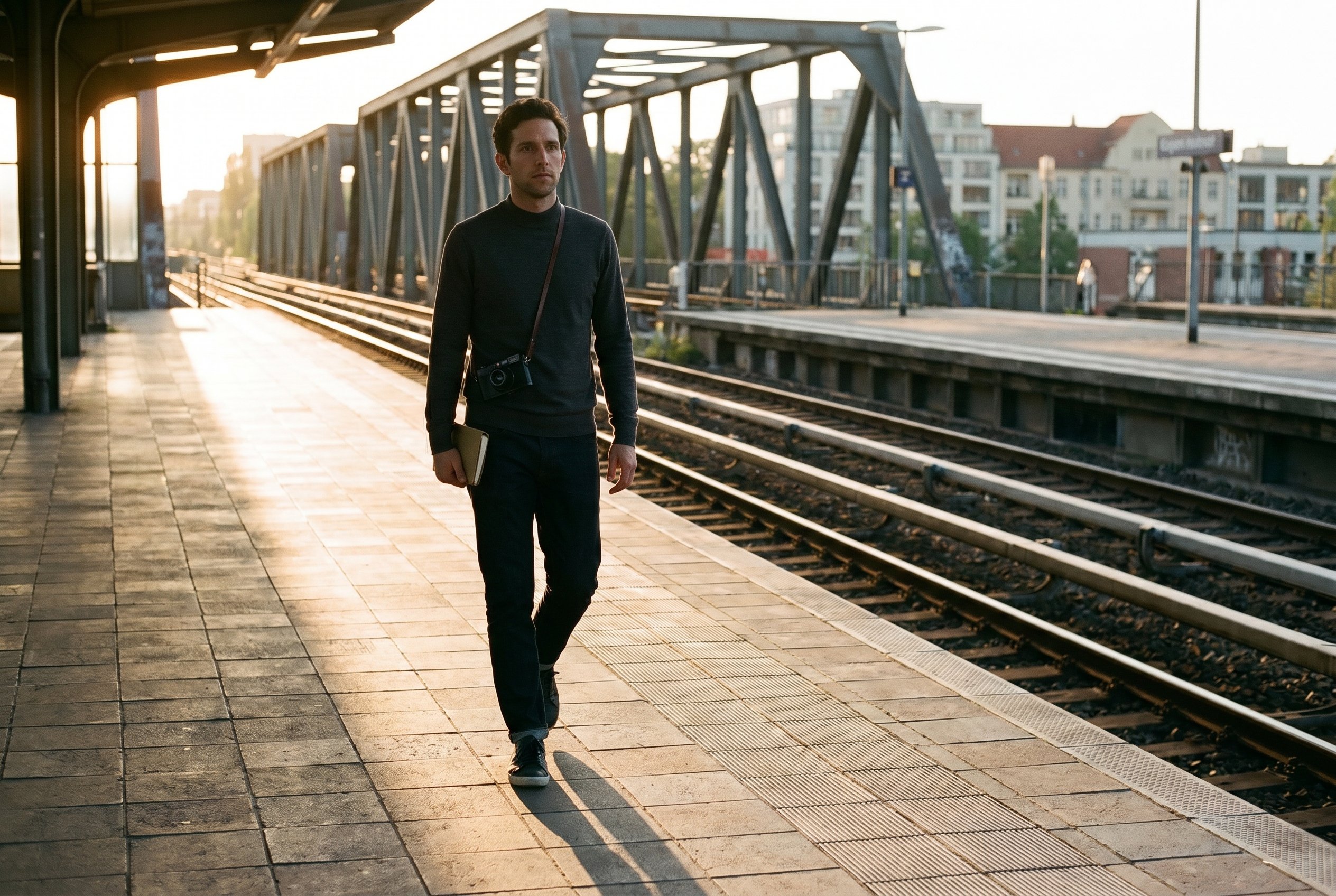 Tag-3 EOD walking the Köpenick-Bahnhof platform at 16:50 Thursday with the field-book and the Hasselblad, the late-May raking sun on the platform-tiles, the Müggelspree-bridge in soft background