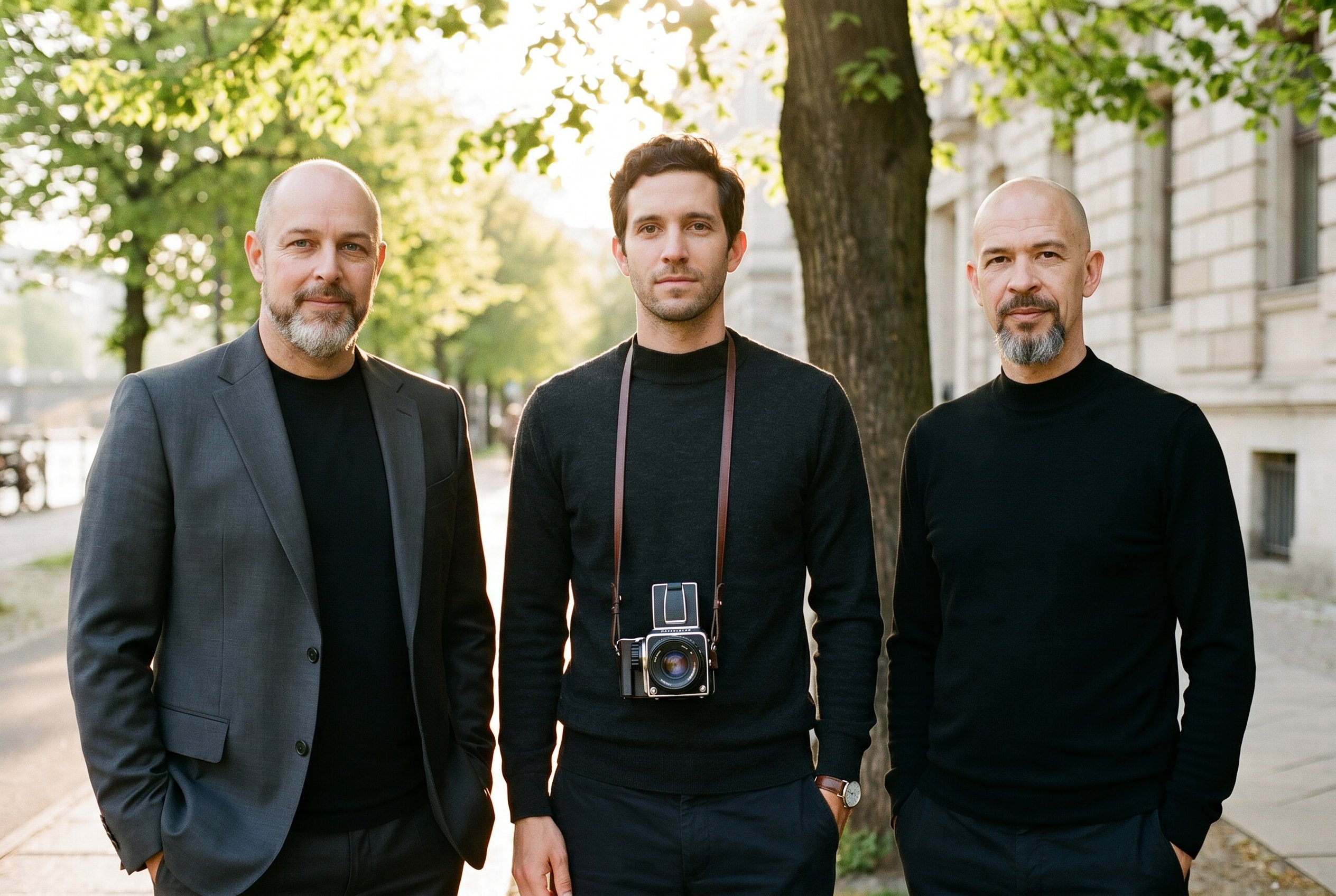 Marc and Arndt and I on a Berlin Mitte side-street late-Thursday-afternoon, fifteen minutes under the linden-leaves, the Hasselblad still on its strap at my chest, golden-hour back-light coming through the trees