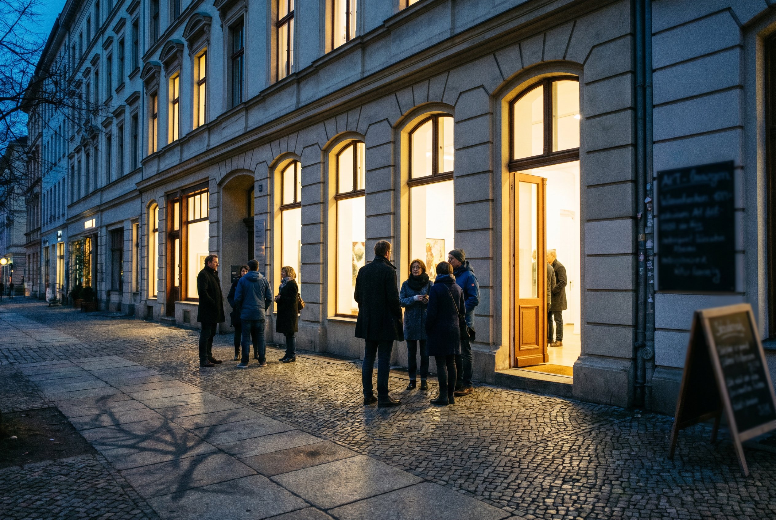 Mitte-Linienstrasse at 18:55 Friday evening — Galerien-Strang warm-yellow interior light spilling onto the cobblestones, the Vernissage-Stunde just beginning