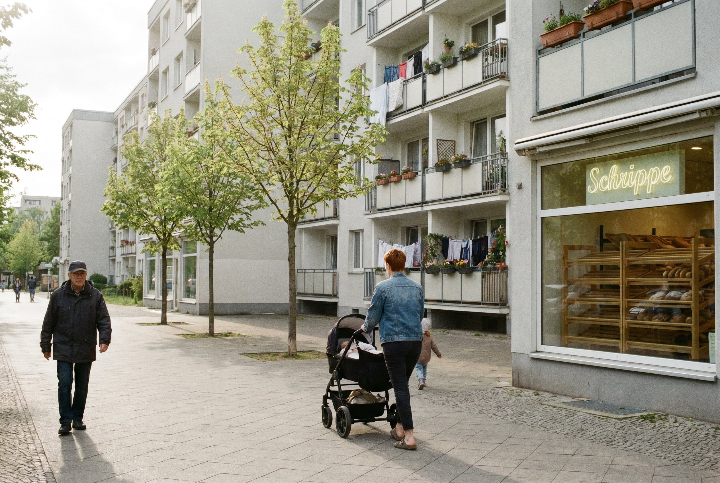 Hellersdorf Kastanienallee-Boulevard at 11:15 Friday morning — the wide pedestrian-boulevard runs north between two Plattenbau-blocks toward the Helle-Mitte horizon, three kastanien-trees in young pale-green, a bakery-window on the right with the Schrippe-Lichtkasten, a young mother pushing a Bugaboo-style stroller in the middle-distance