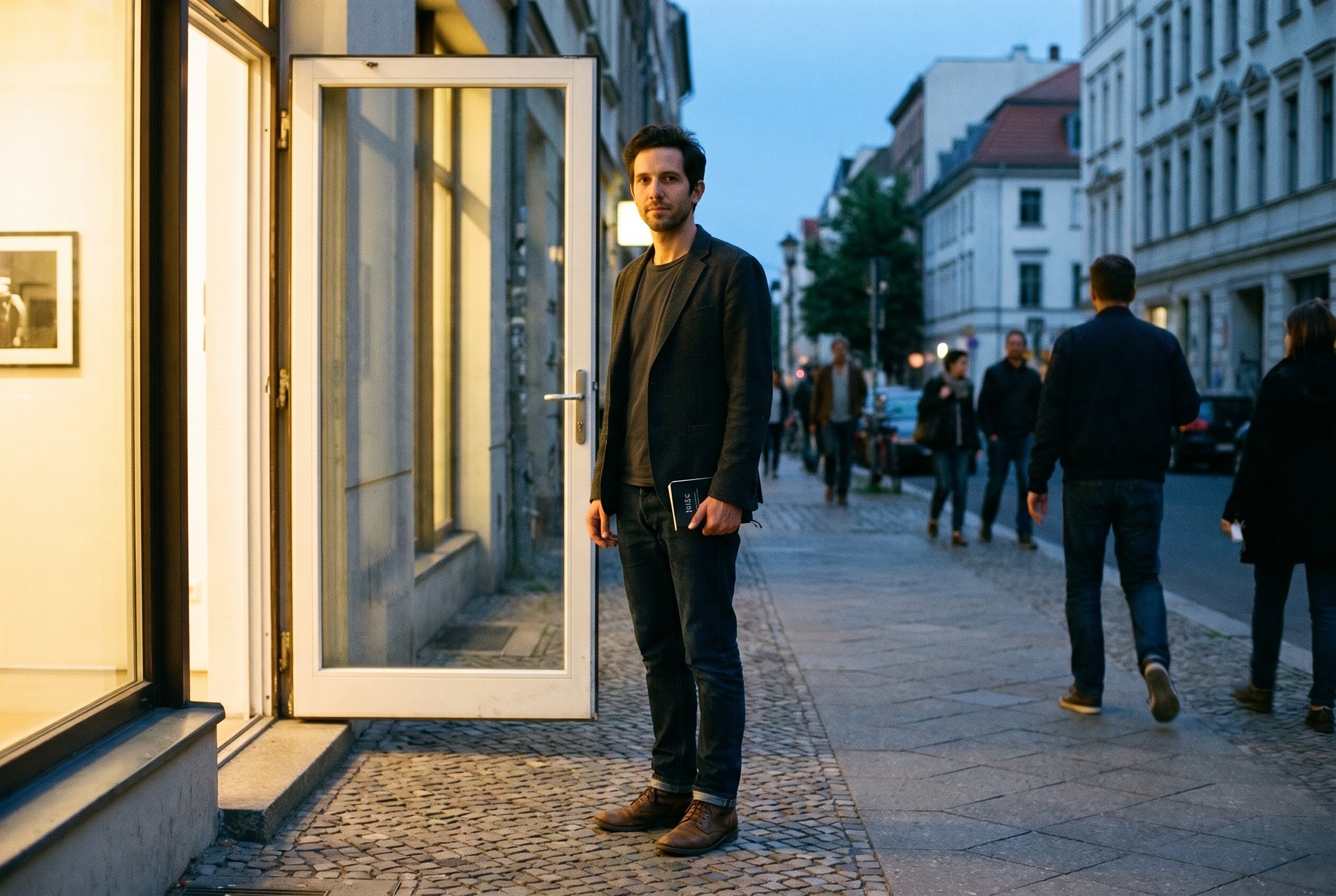 Théo at the Linienstrasse Galerie-doorway 18:55 Friday — warm light behind, one more room to walk into before the Berlin-Woche closes