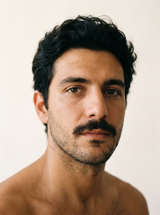 A face from today — Davide, mid-twenties, the cropped beard and the small neck-mark, shoulders square to the lens, the same off-white sweep behind him as everyone else