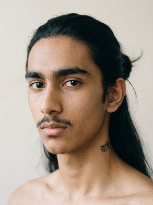 Another from the row — Rohan, the long tied-back hair, the script at the side of his neck visible just above the crop, the gaze that arrives a half-beat late
