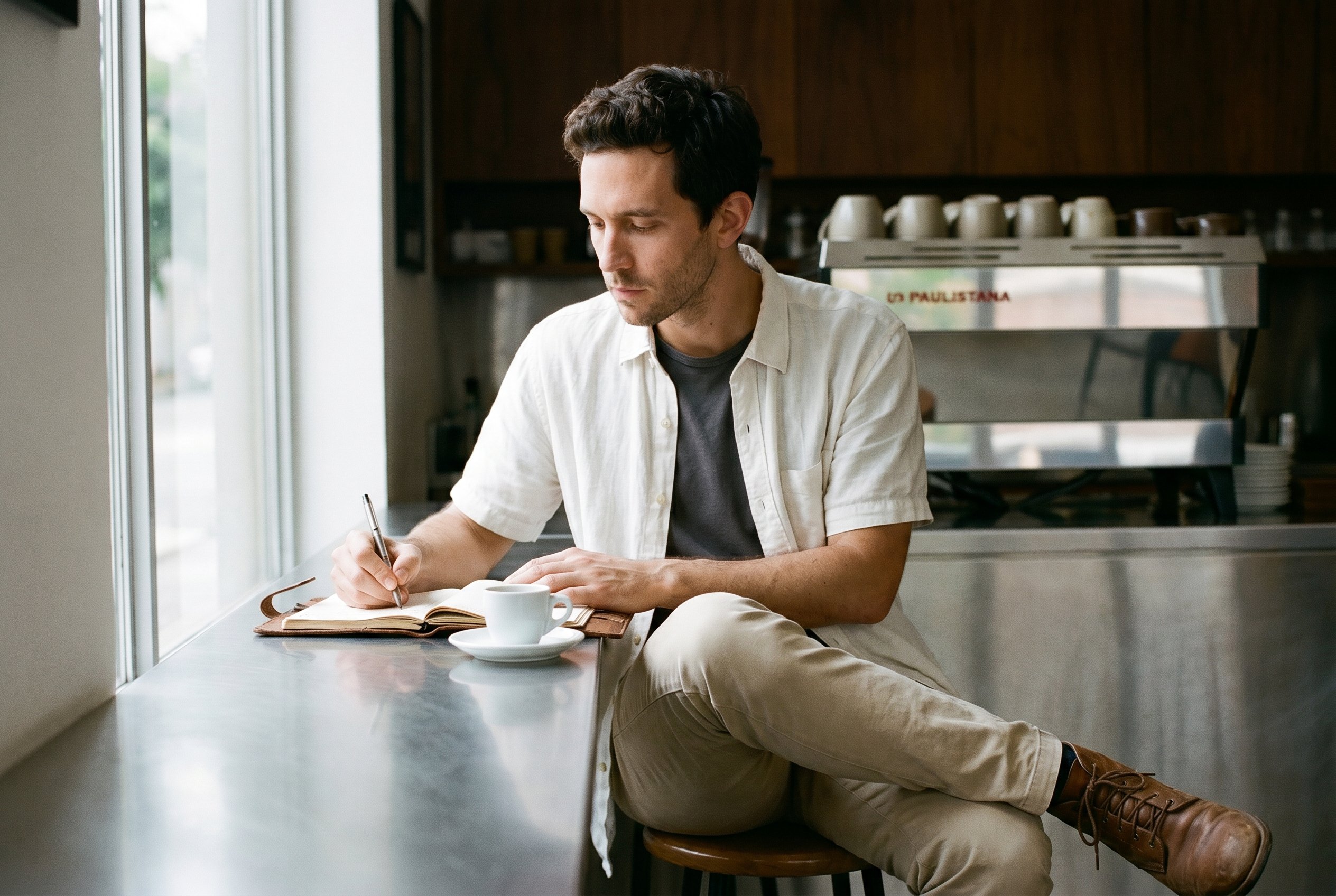 Coffee Lab Vila Madalena, Sunday 12:40 BRT — espresso, field-notebook open, the first sit-down after the Aspicuelta-Wisard walk
