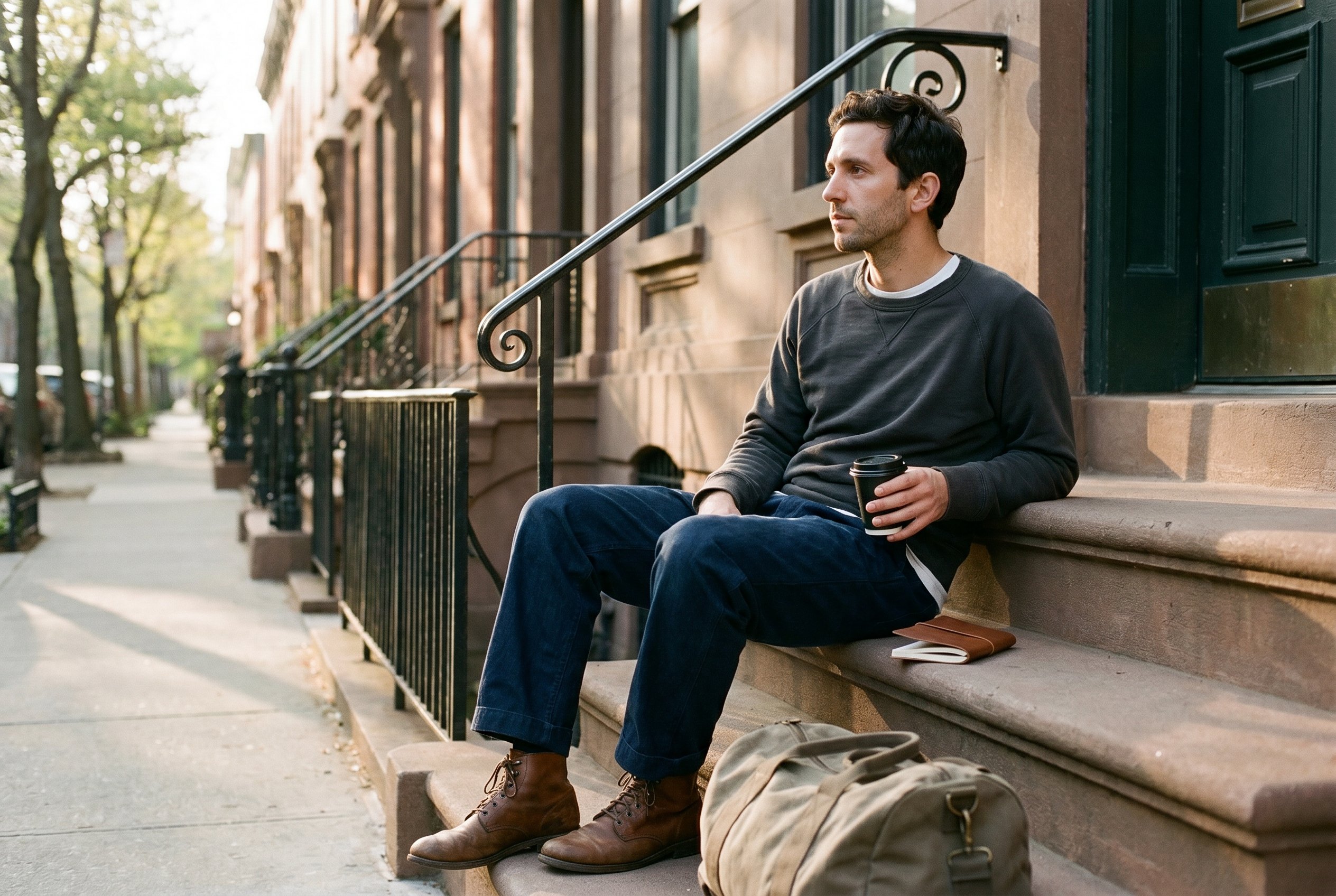 Hancock Street stoop, Saturday 07:40 — coffee, field-notebook, duffel-bag at the feet, the last minute before the cab to JFK