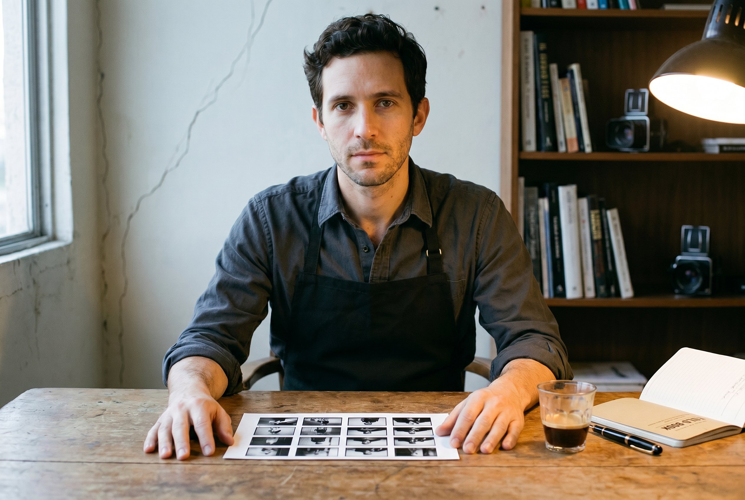 Théo with the fifteen-print spread at the Kreuzberg office desk