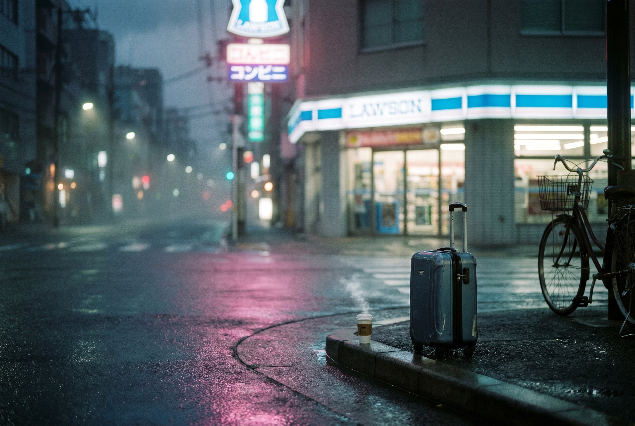 Namba-Sennichimae corner, Monday 21:30 JST — the soft neon, the first konbini-coffee after twenty hours of transit