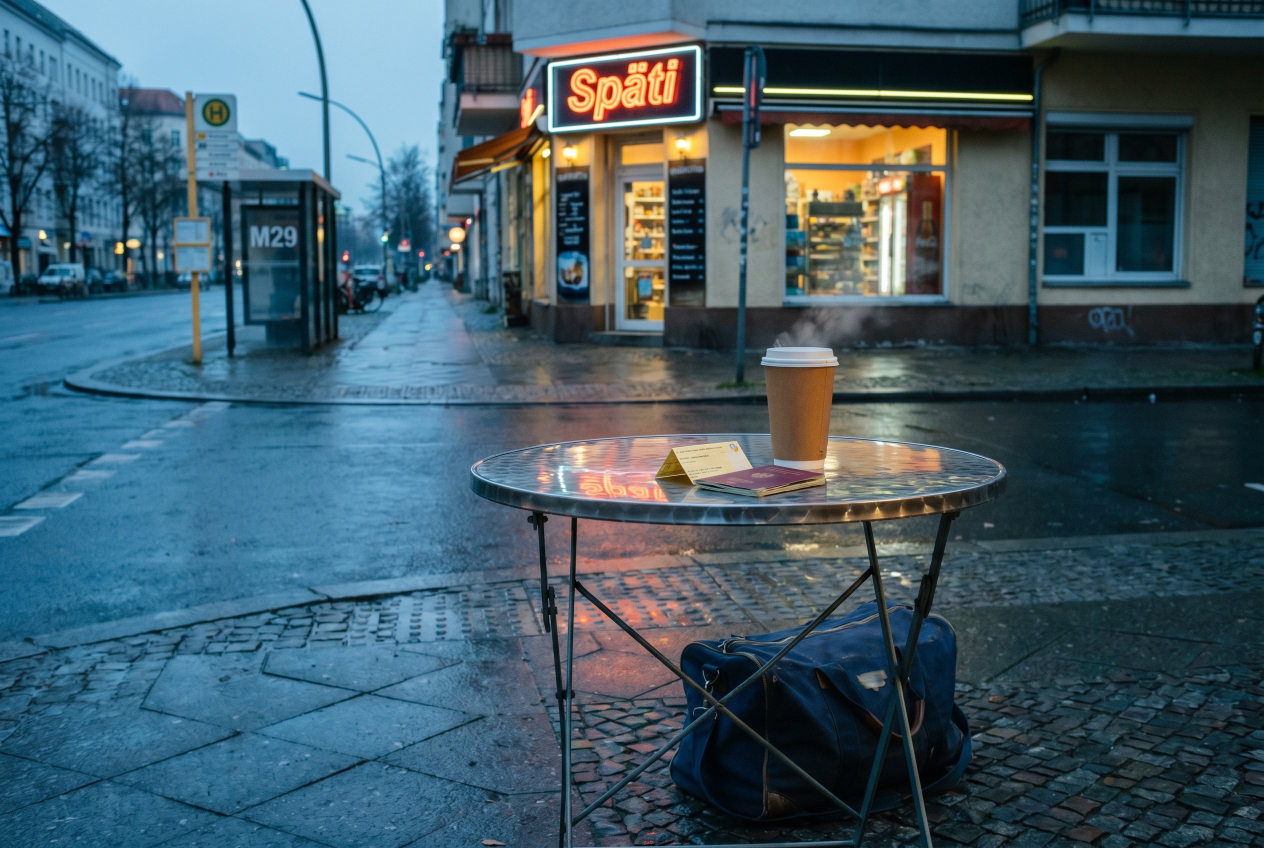 Reichenberger Strasse, Monday 07:00 — coffee, duffel-bag, the last minute before the M29 to Hauptbahnhof