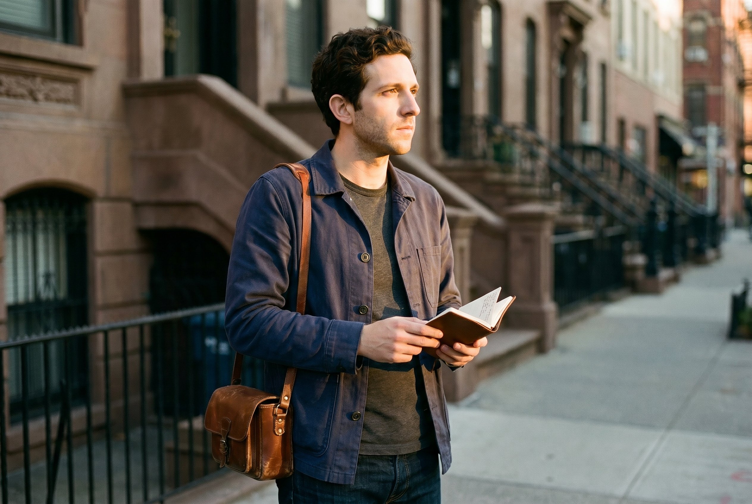 Bedford Avenue, late afternoon, field-notebook in hand