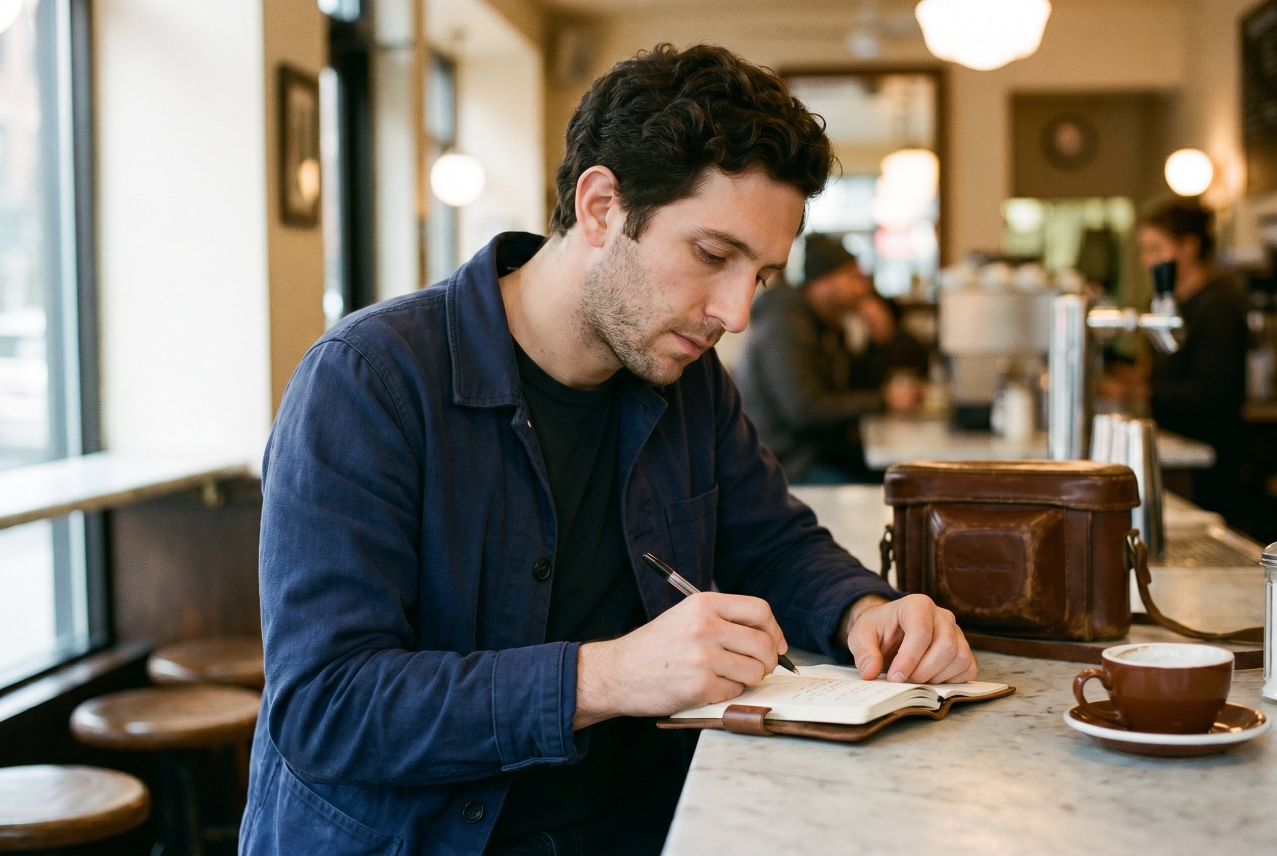 Field-notes at the cafe counter, espresso, notebook open