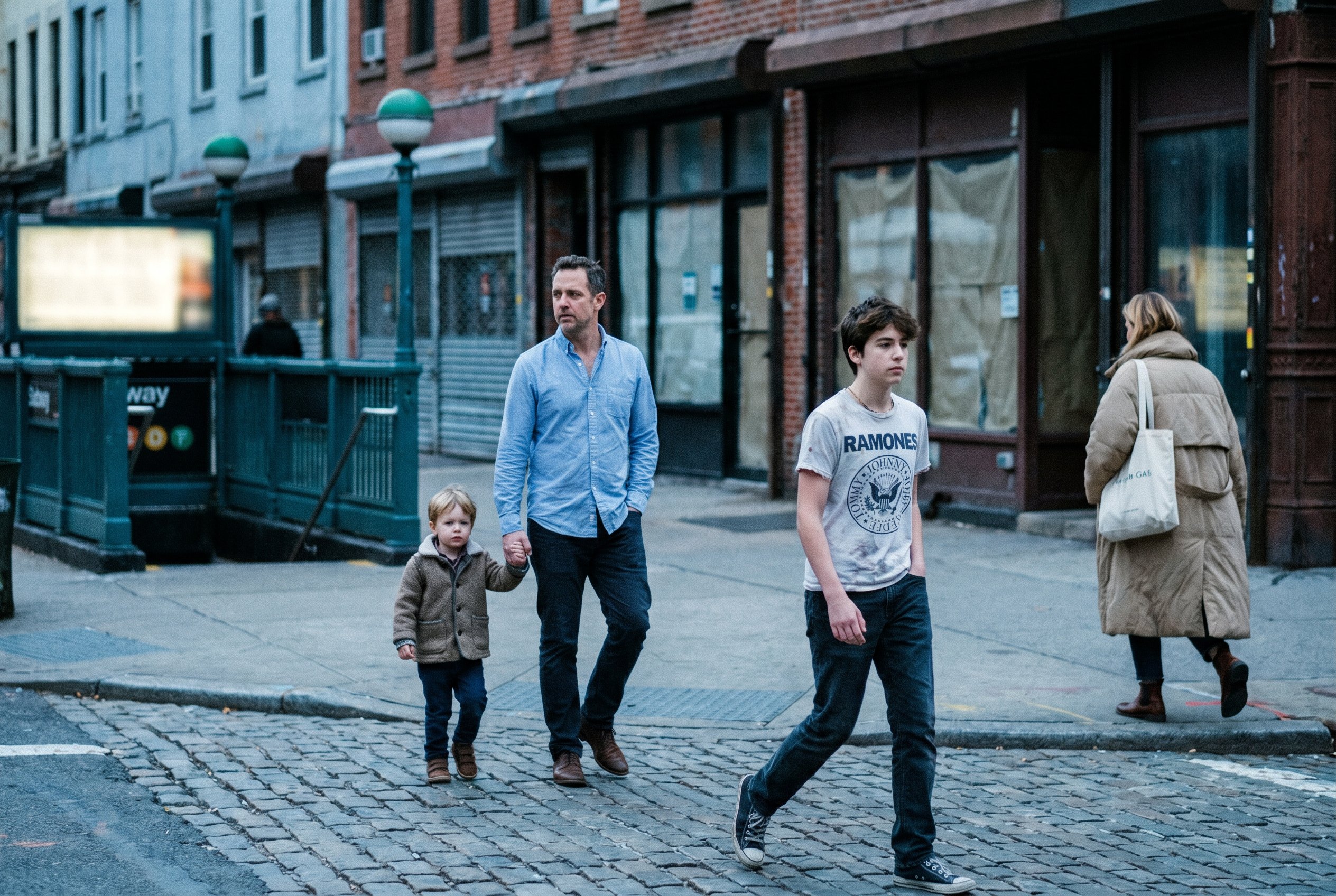 Bedford Avenue at North 8th, three generation-cohorts in the same frame — father with stroller-age child at the L-stop, seventeen-year-old in heritage Ramones t-shirt crossing the cobblestone, mother in clean Toteme with her 2012 Le Labo bag passing in the background
