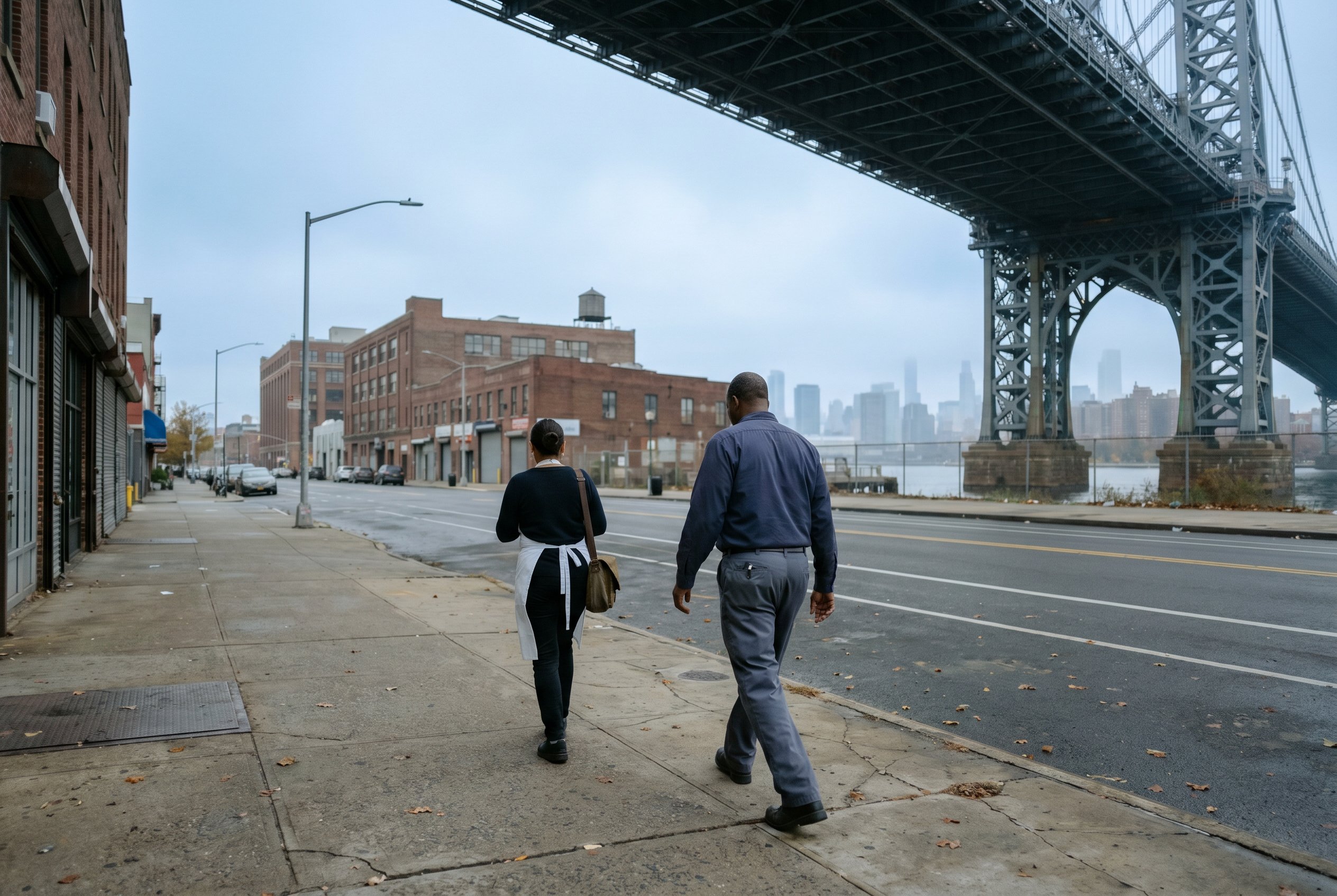 Domino-Park sightline, late-morning, the Manhattan skyline behind a South-Side body