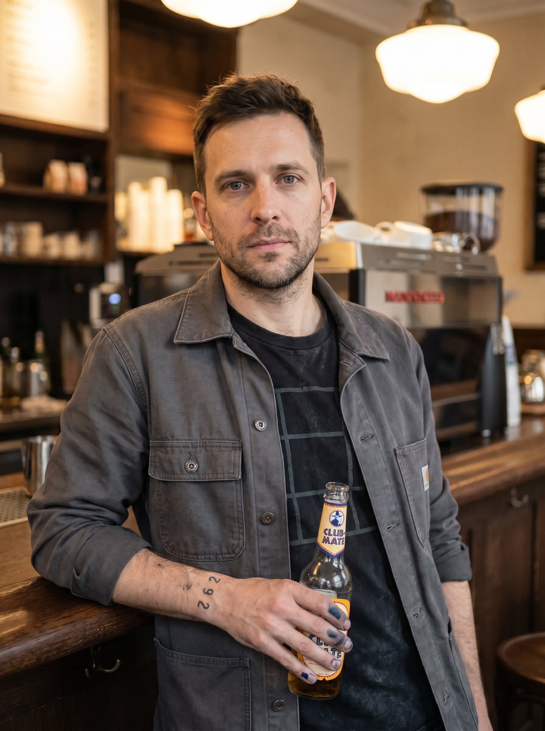 Sven at the Silo Coffee standing-bar Tuesday-evening, the inner-wrist 1962-handpoke visible on his forearm reaching for the bottle