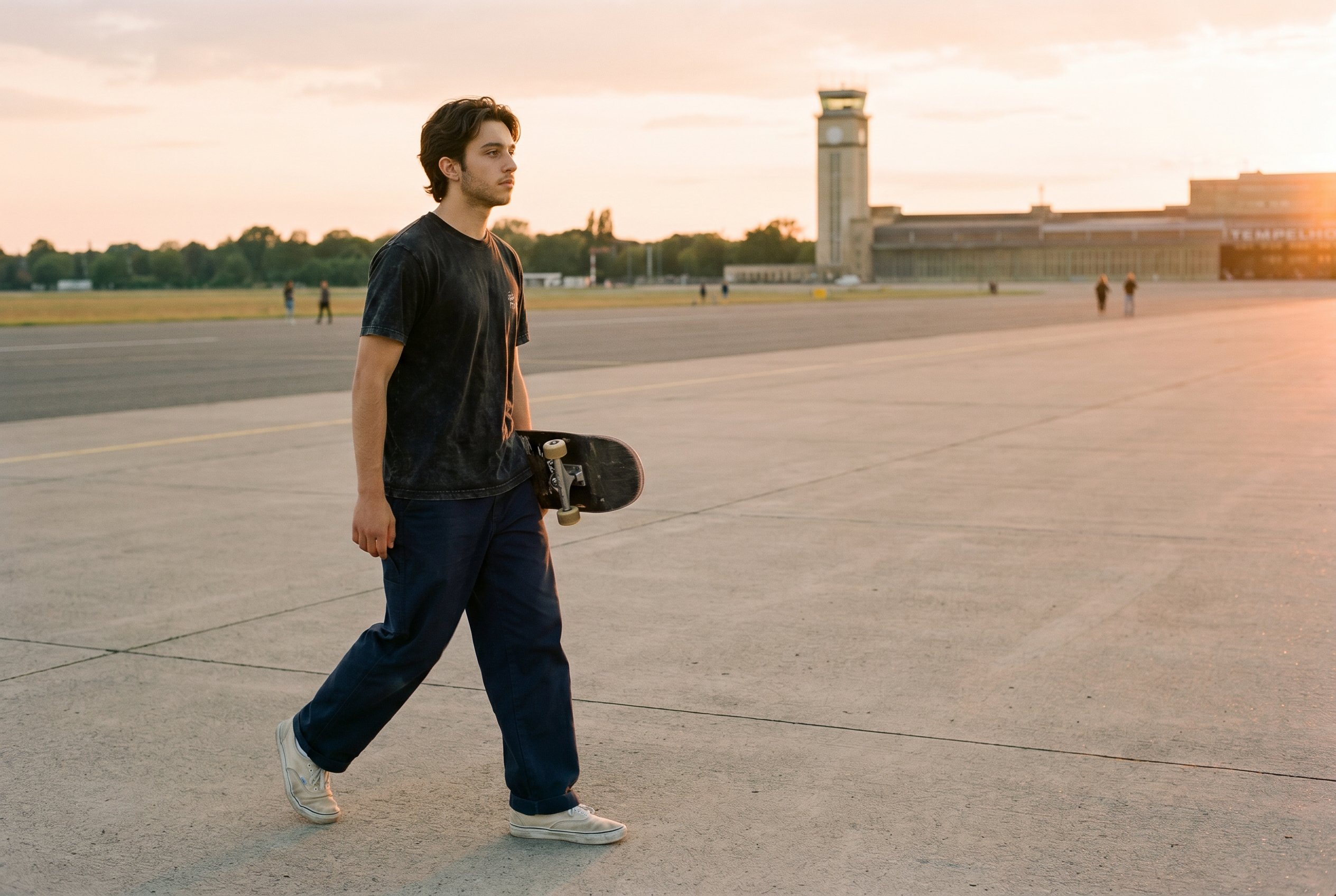 Yusuf at the Tempelhofer-Feld asphalt-mini-ramp at Tuesday-sunset 20:35 CEST, deck underside resting at the kicker showing the faded-blue Wajda-Birkut spray-stencil