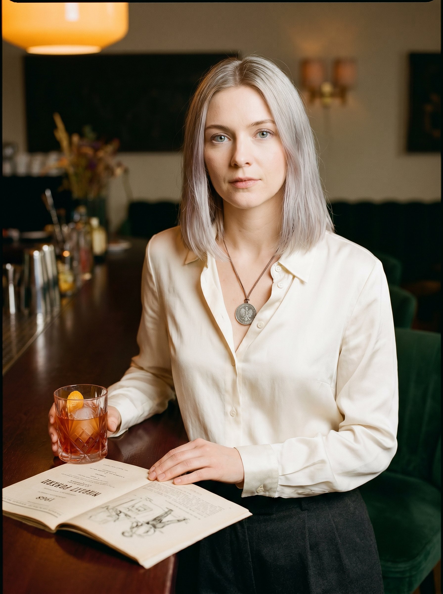 Ola at the Süss-war-gestern bar-counter, Negroni in hand, her grandfather's 1968-Warsaw-Teatr-Wielki-program open on the dark wood, the grandmother's 1986-Wrocław-Solidarność-coin at the collarbone