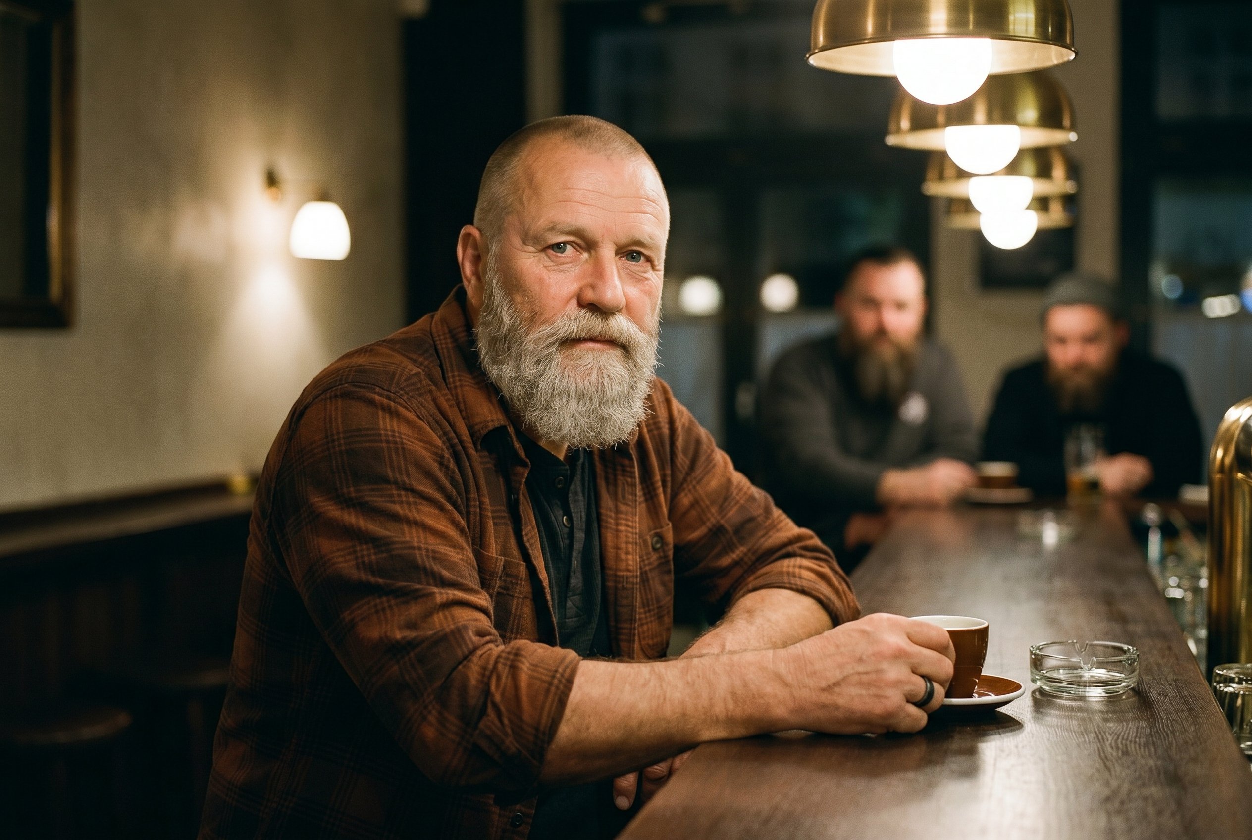 Manni at the long bar-counter inside WOOF late-evening Wednesday Stammtisch slot, espresso cup plus ashtray on the counter, plaid-flannel open over a black Henley, the worn Lederband visible on the right ring-finger
