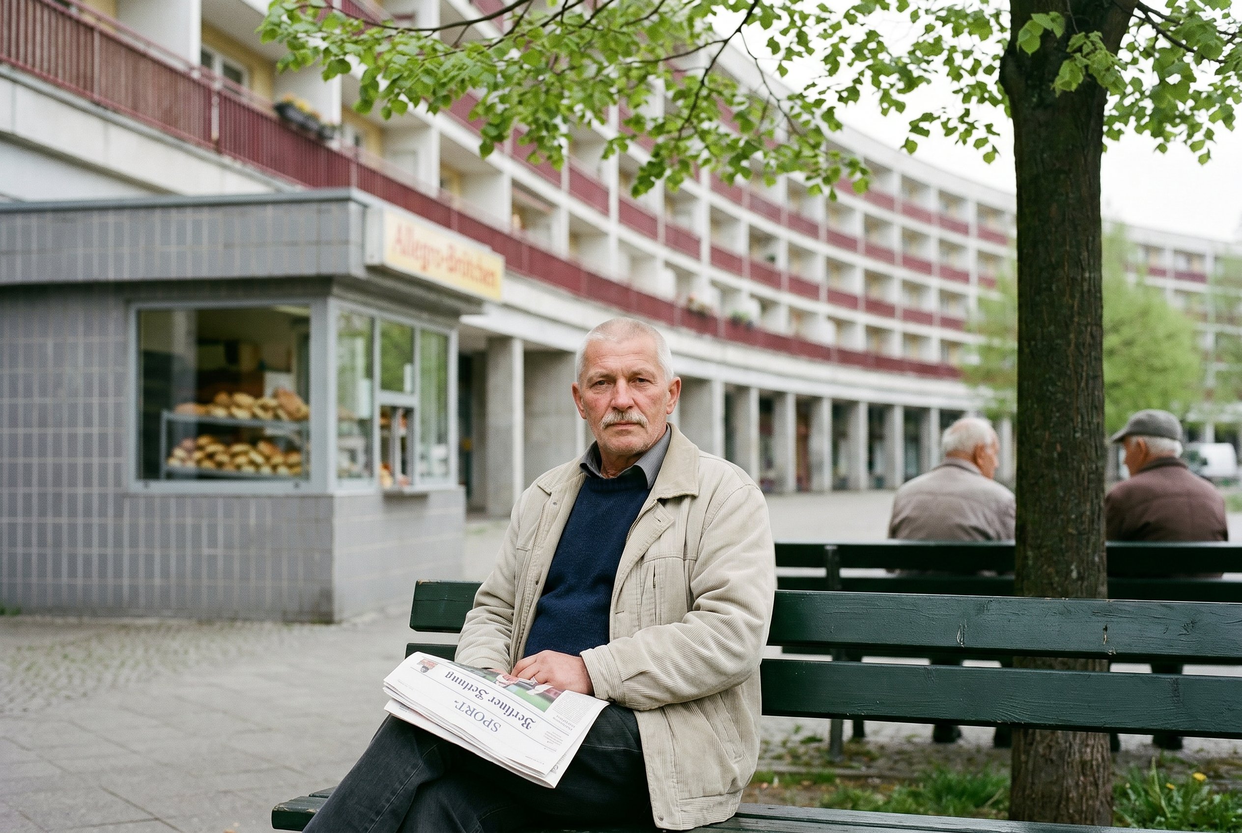 Ringkolonnaden plaza Marzahn-Nord at 09:45 — Lothar on the alone-bench, the Plattenbau-arc behind him, the original 1986 dark-red railings still up there on the eleventh floor