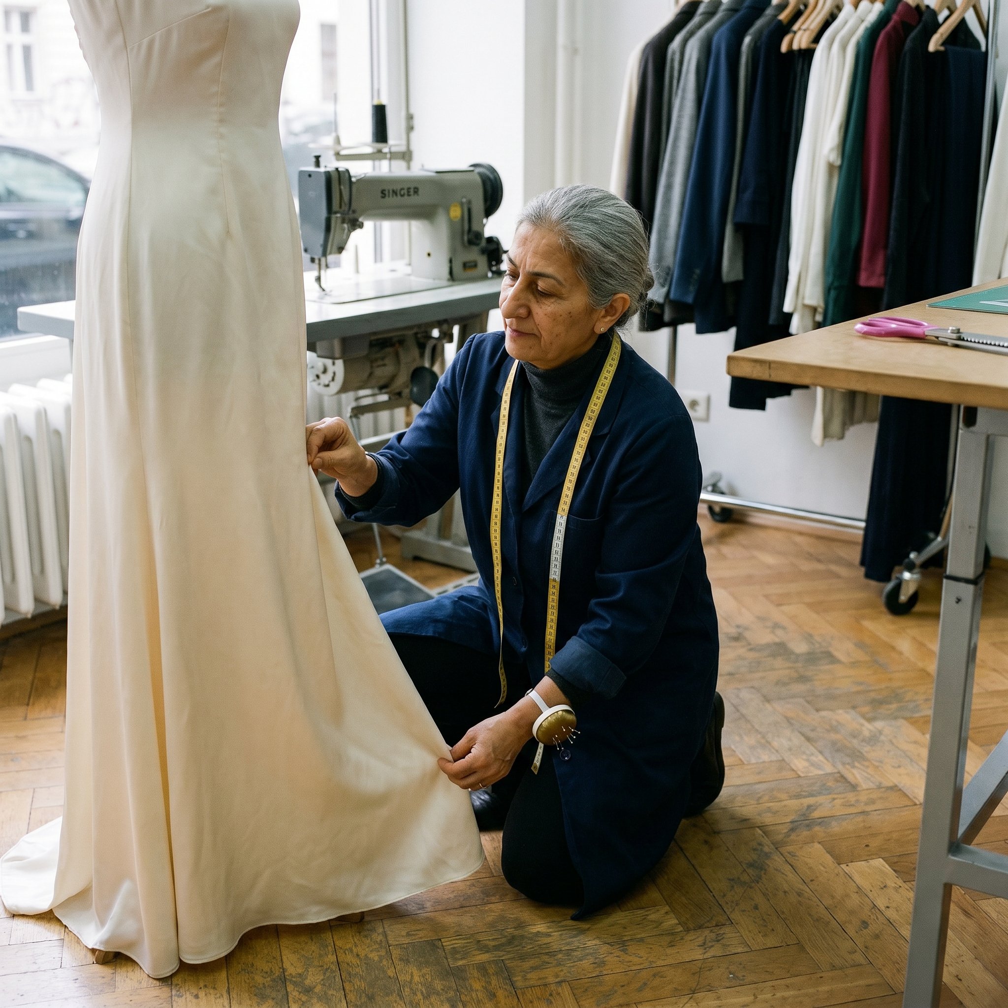 Selma kneeling beside the dress-form pinning the hem of a cream-silk wedding-dress, the Singer industrial machine and the rolling-rack at full depth, Wedding overcast light from the shop-window