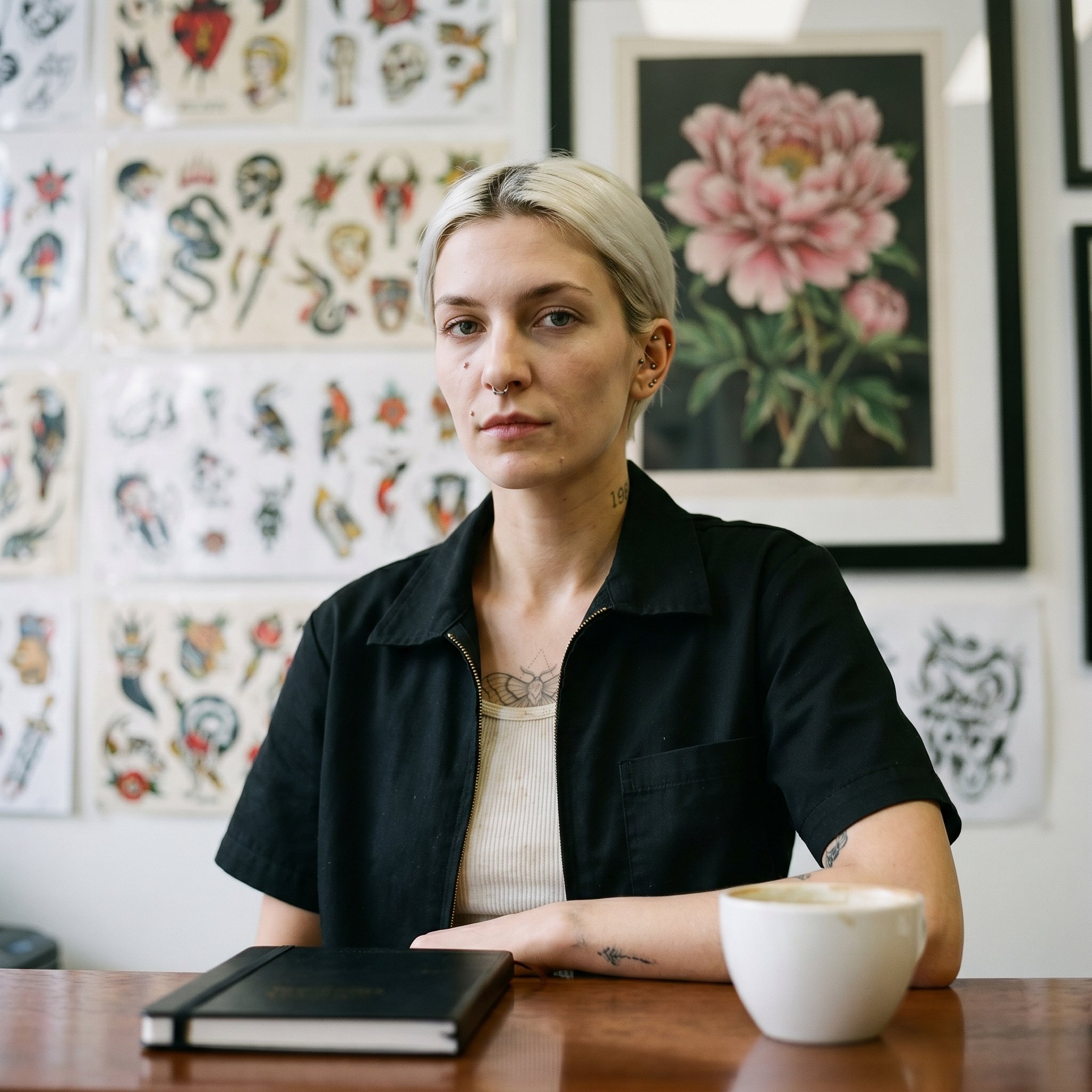 Jule Schimansky at the reception desk of the tattoo studio at Boxhagener-Platz, black mock-neck, sternum peony-and-moth tattoo half-visible at the collar-edge, late-morning Friedrichshain light through the shop window, appointment book and a glass of water on the counter