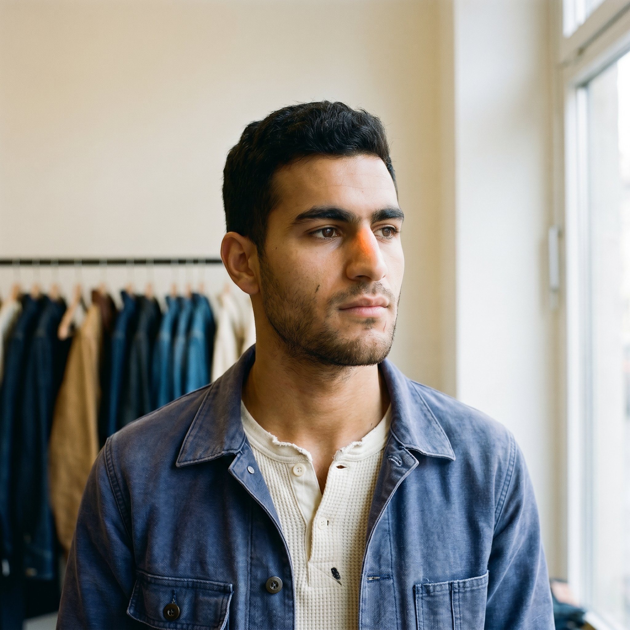 Karim Haddad-Wedeking in the workwear-studio side-room at Sonnenallee, indigo selvedge raw-denim chore-coat over white tee, sand-color carpenter pants, the small Mim-stick-and-poke at the right shoulder visible beneath the rolled-up sleeve, Tuesday late-afternoon Neukölln light from the back-courtyard window
