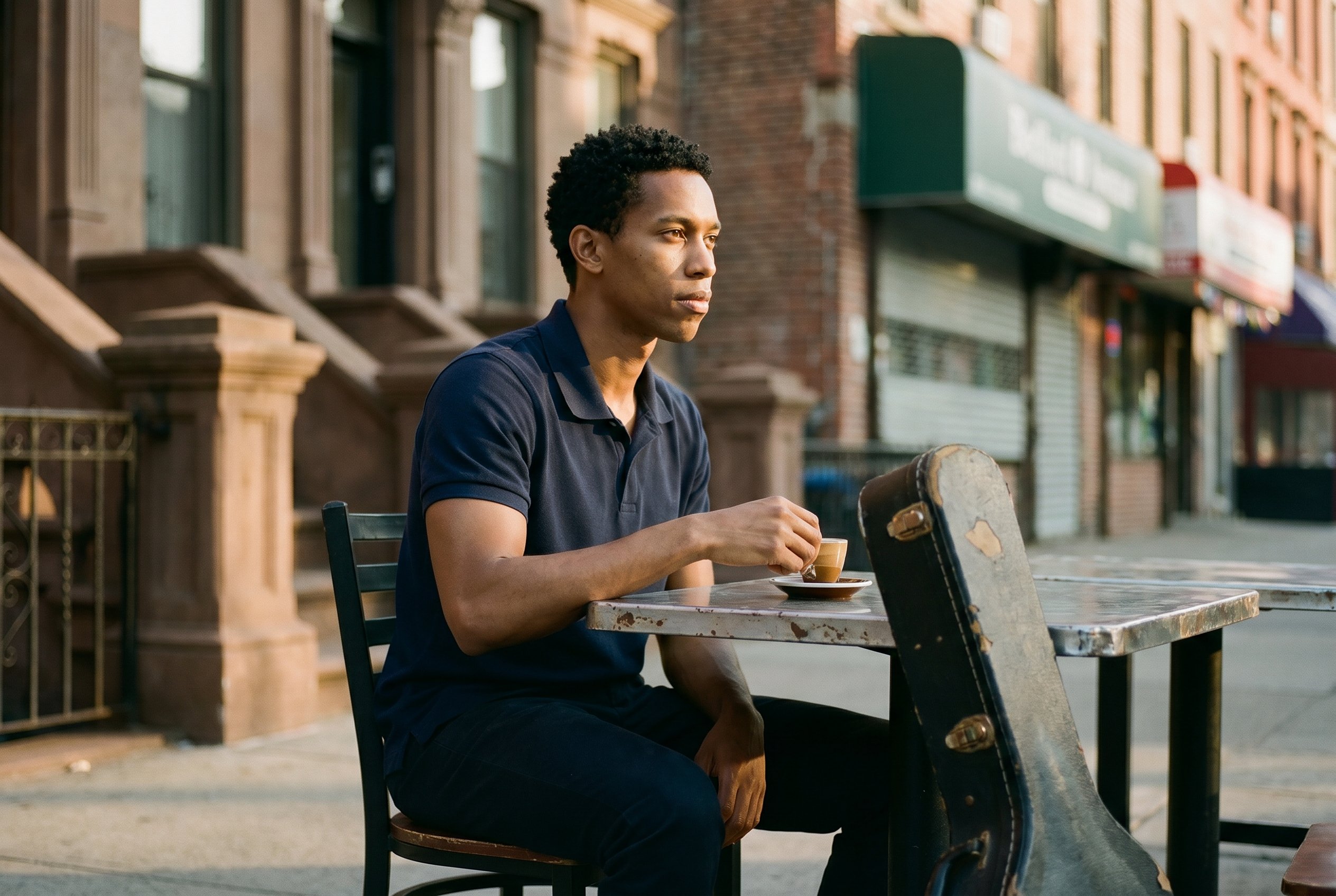 Horn-player apprentice at the bodega table — coins counted, eighteen minutes without the phone