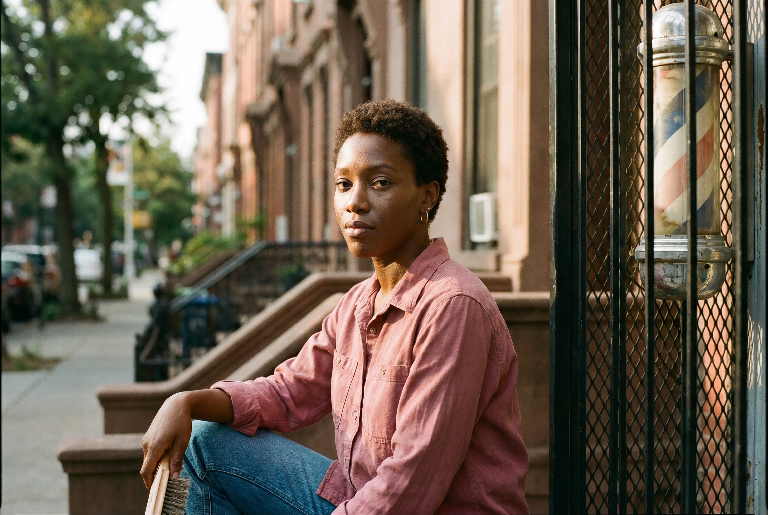 Painter on the brownstone step — service-trade lineage in one wrist, fine-art practice in the other