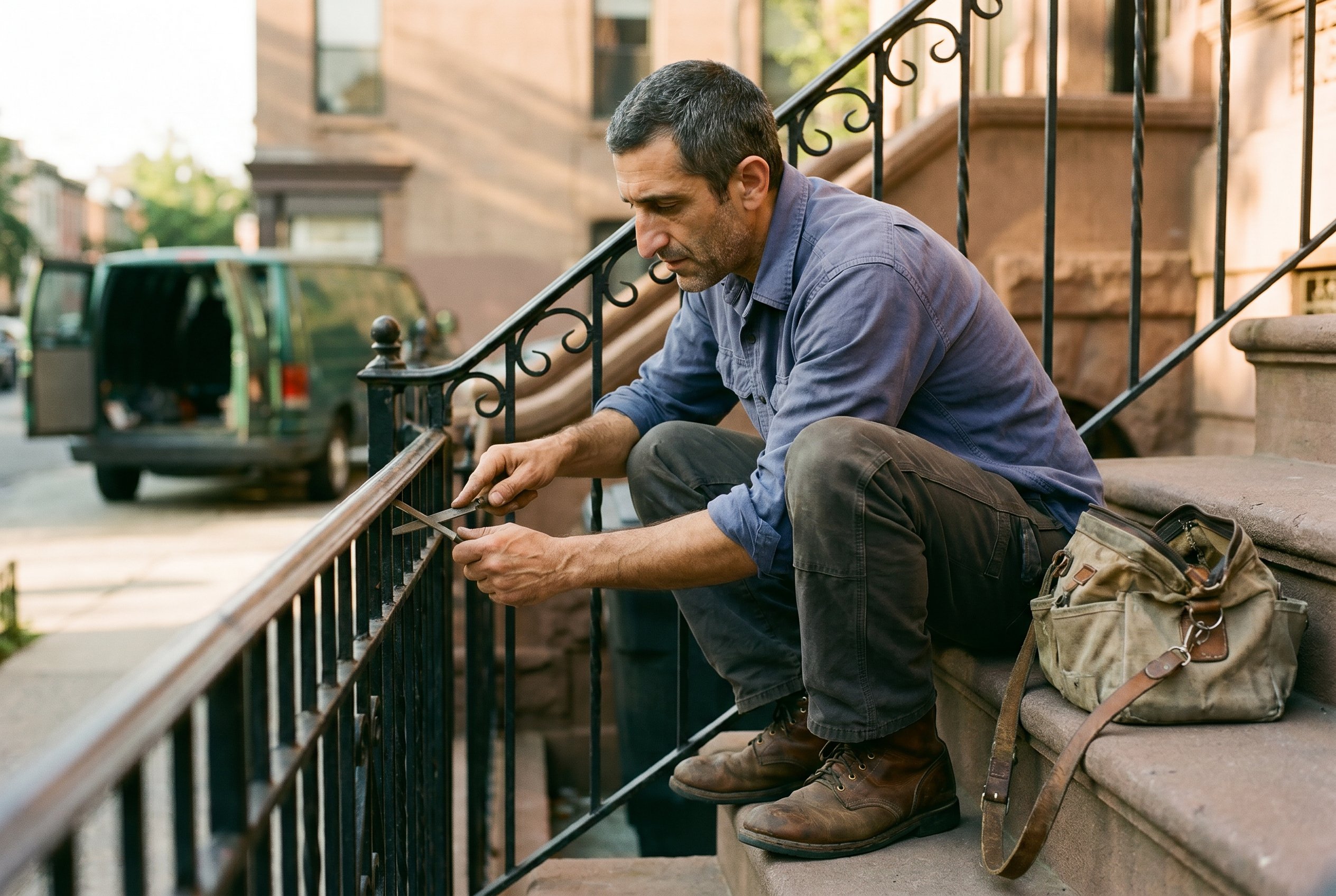 Craftsman at the balustrade — workwear lineage in the hands, post-bop in the wrist
