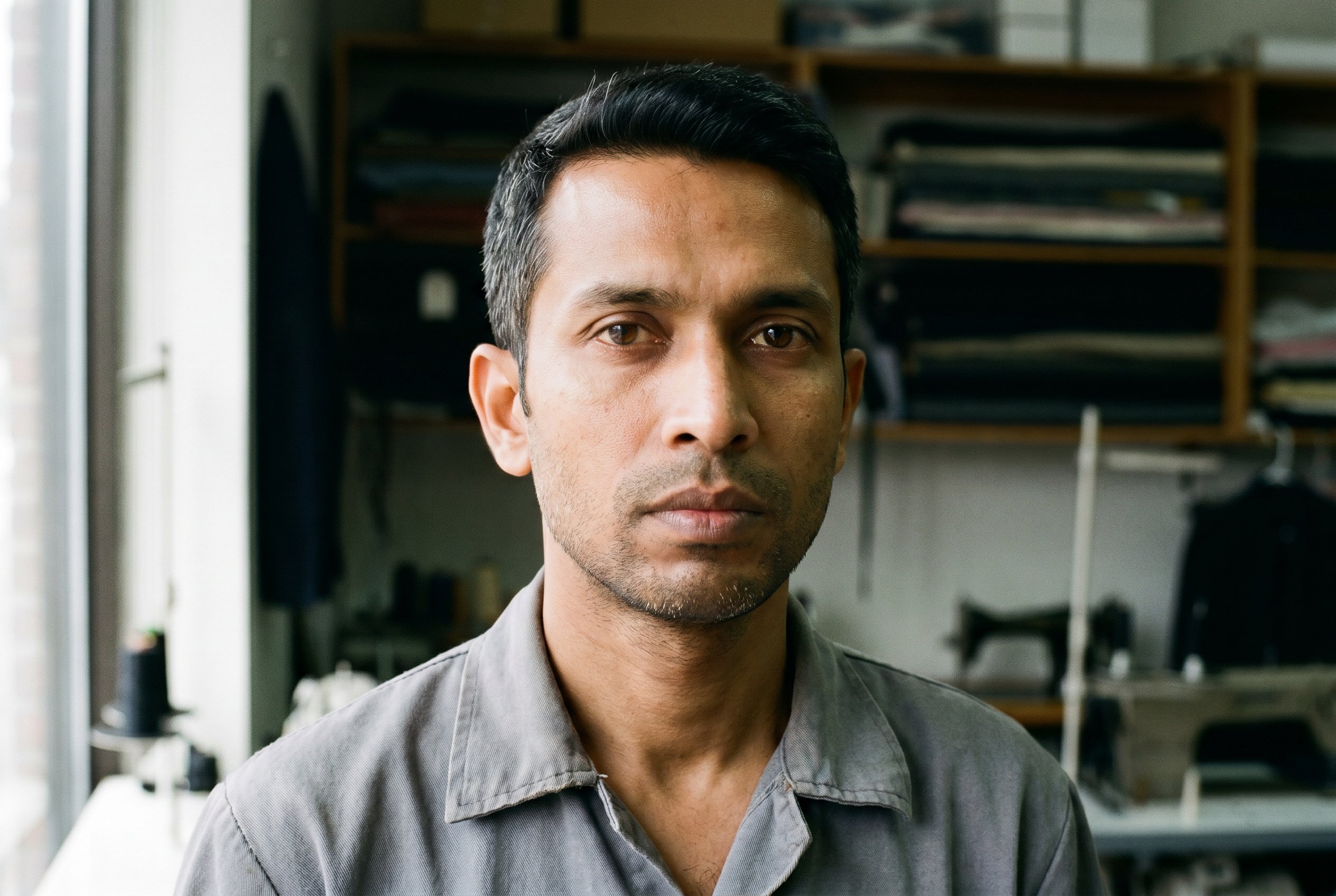 Orchard Street craft-palimpsest — second-generation Bangladeshi-American tailor at a 1960s Singer-treadle