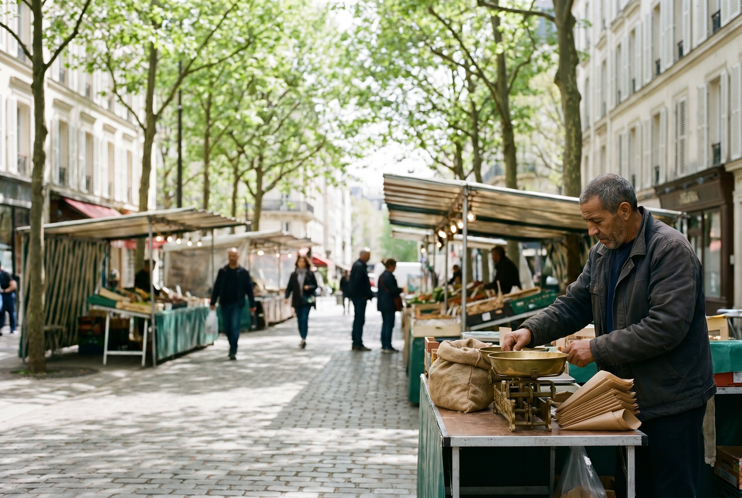 Karim at the brass beam-balance, Rue Ramponeau corner — twenty-two years of the same fold-rhythm into a brown paper-cone
