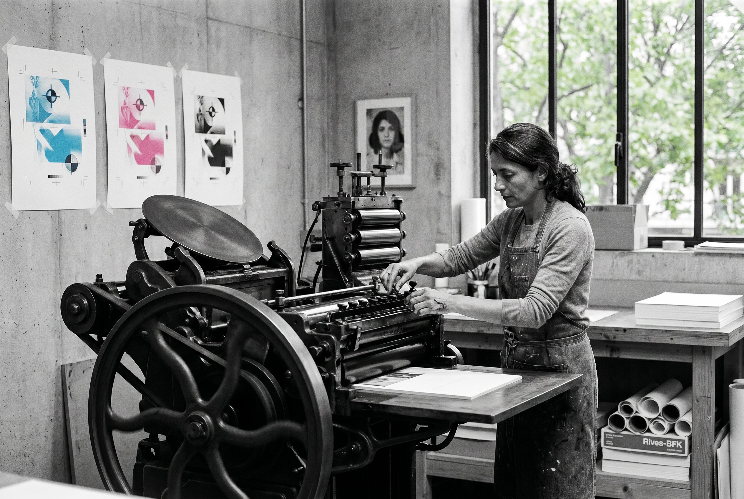 Naïma at the Heidelberger Zylinder, the great-aunt Mireille's 1958 press still in daily printing-use in 2026