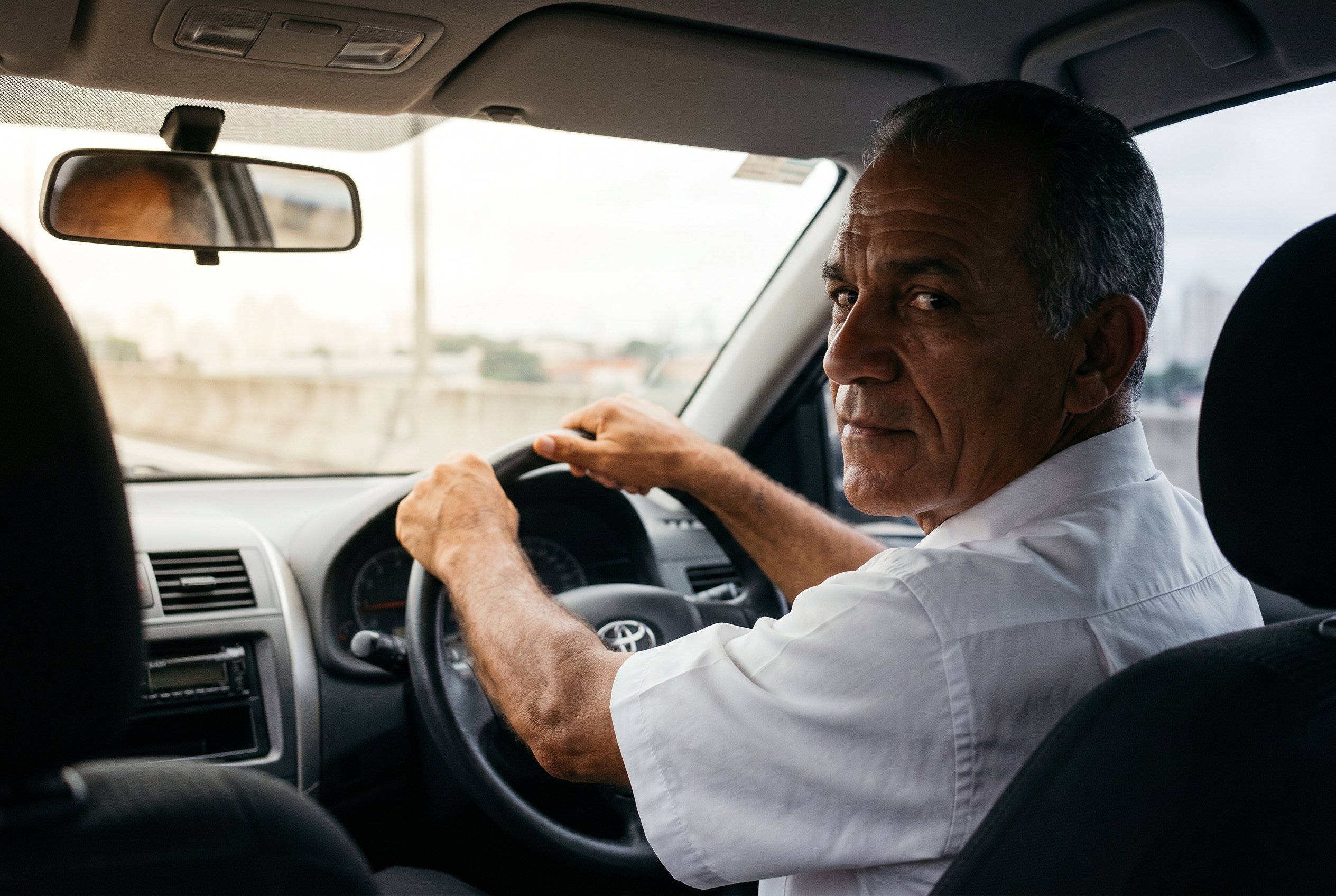 Marginal-Tietê morning from the rear seat of Senhor Wagner's GRU-to-Pinheiros limousine — first read of São Paulo through windshield-haze