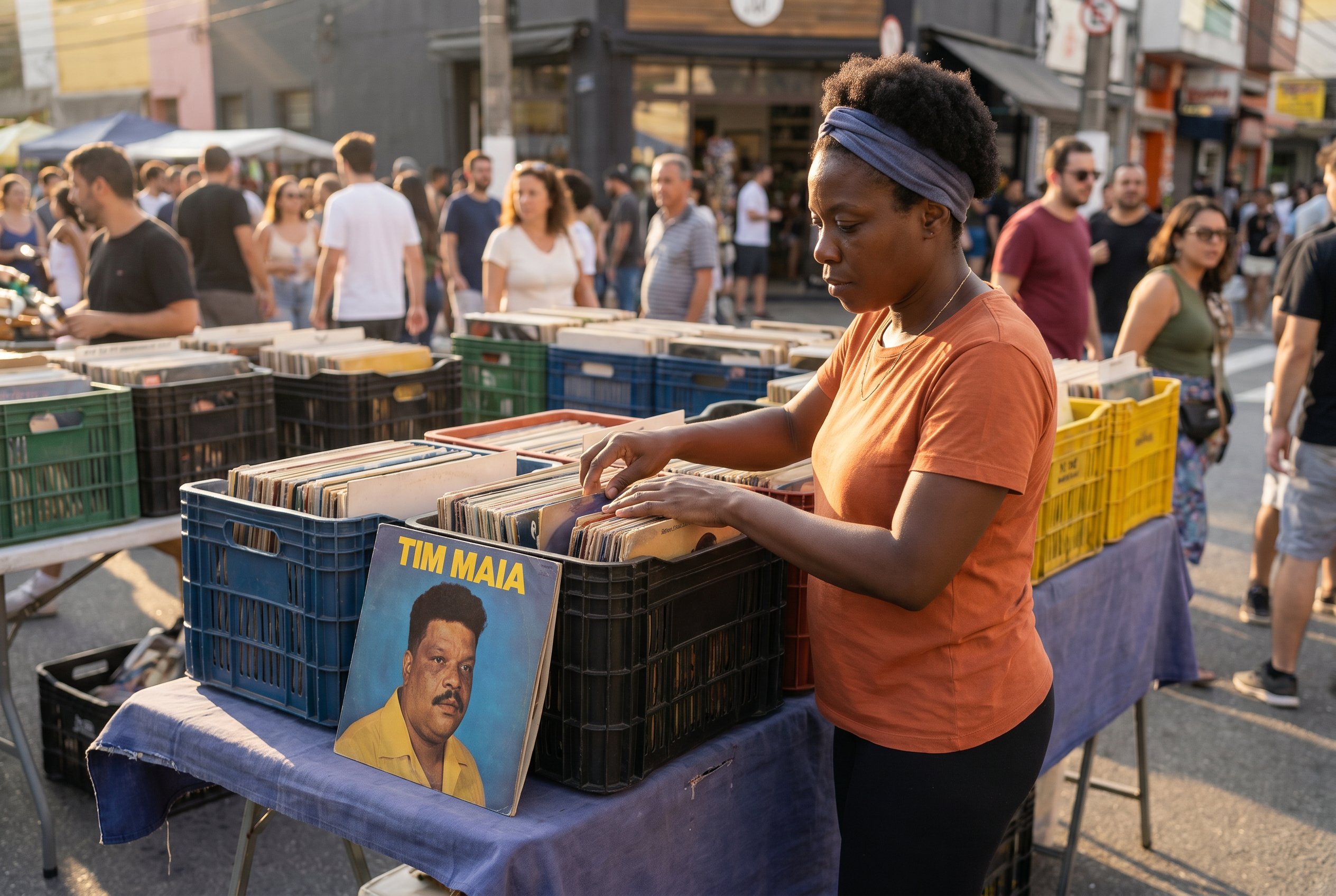 Andréa behind the Tim-Maia crate at the Largo da Batata Sunday flea-market