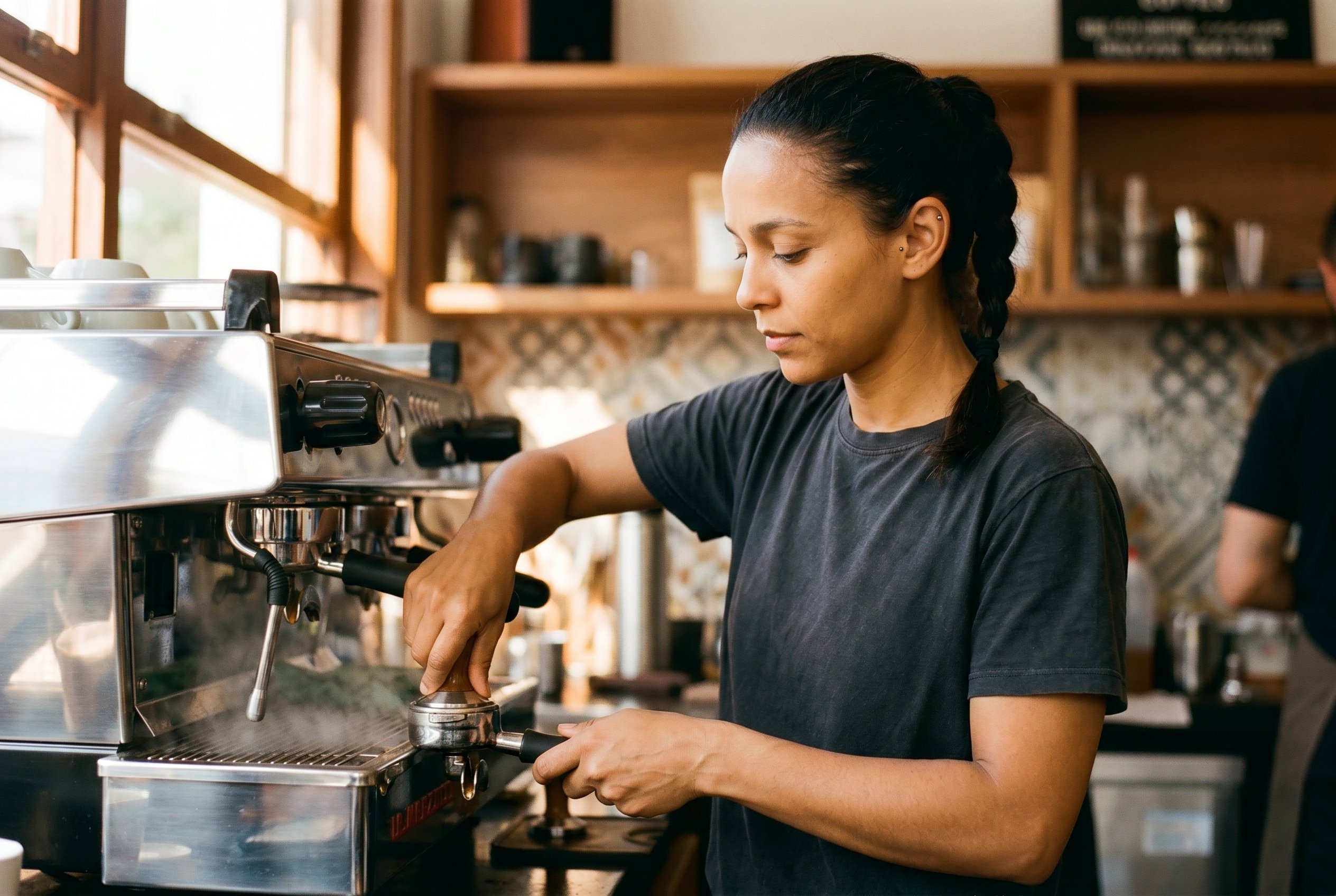 Bruna at the bar, Coffee Lab Vila Madalena, the wrist-rotation of eight years