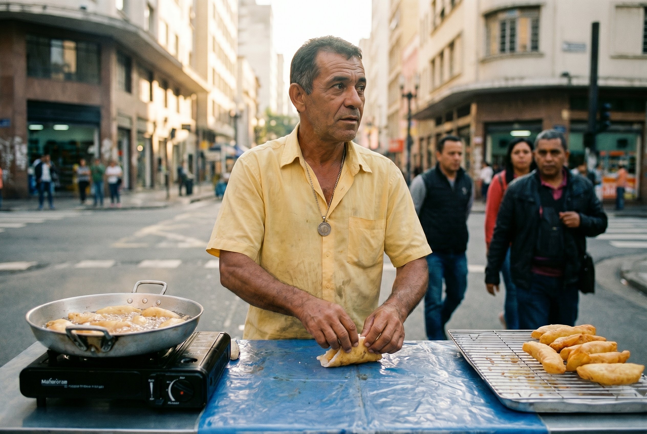 Seu Damião at the cassava-fritter folding-table, Aspicuelta-corner Sunday-rush