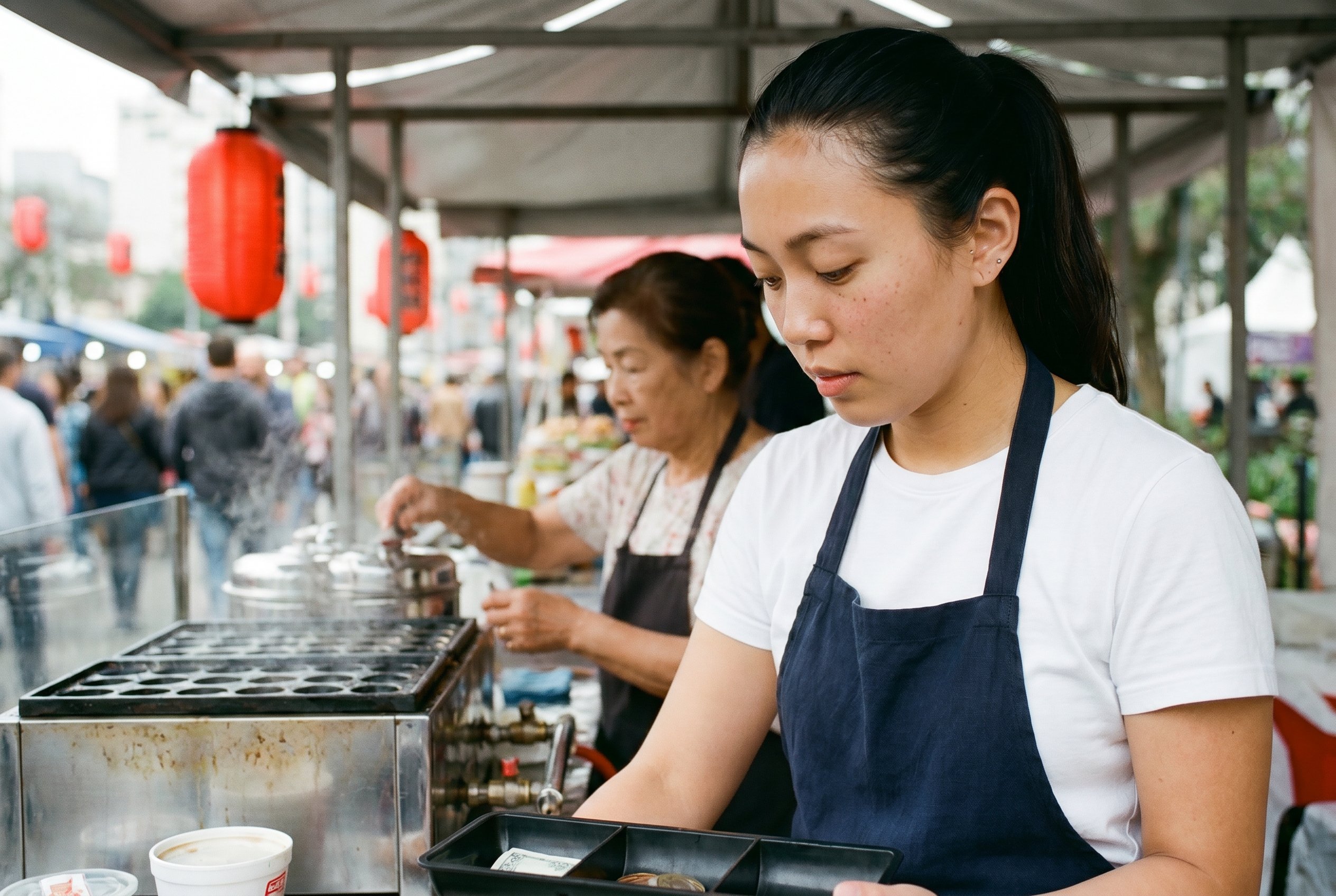 Three generations at the takoyaki press, the Yonsei daughter on the till, the Issei grandmother softly visible behind her at the iron