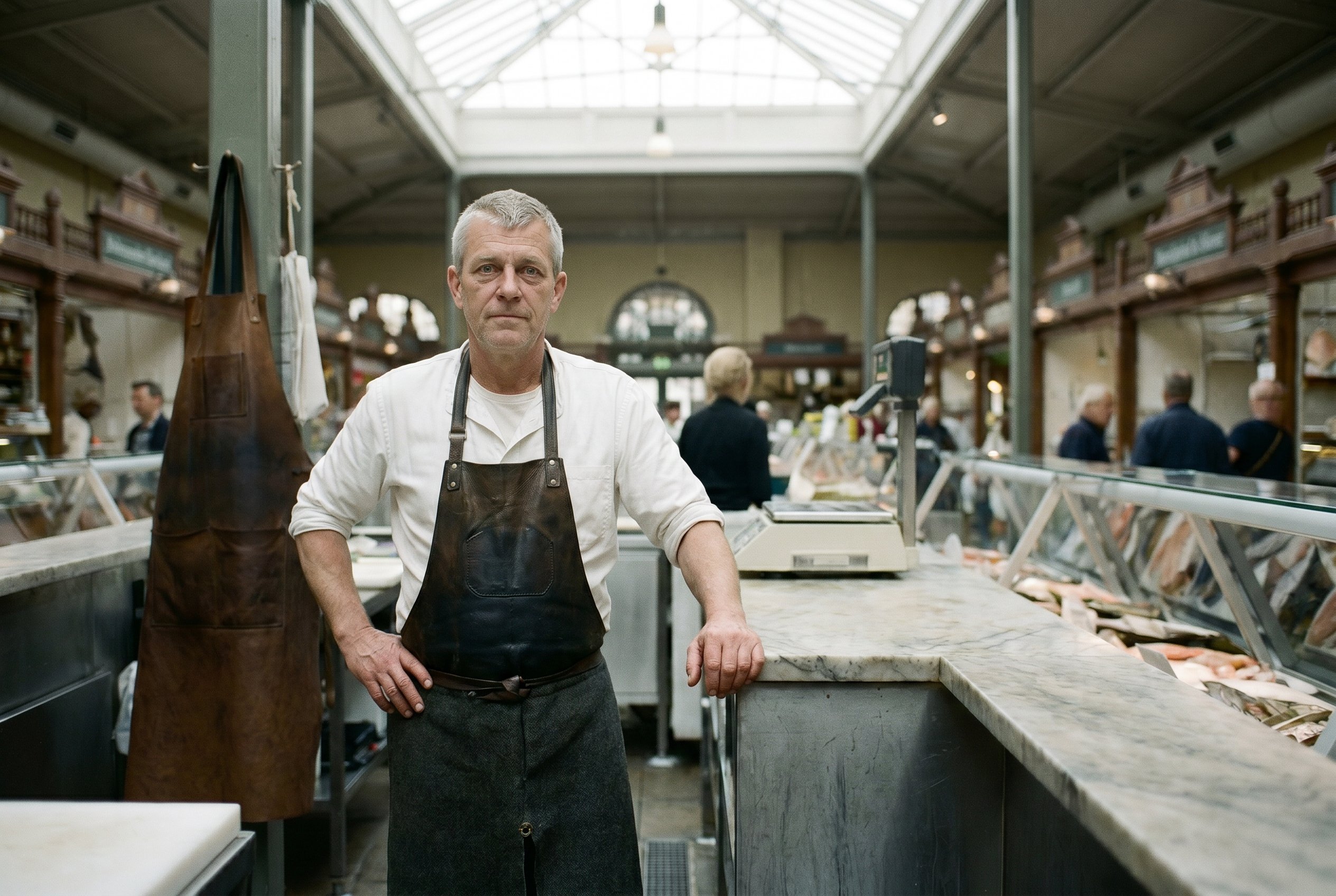 Gustaf at the Lundqvist & Söner marble counter — the elbow-circle of twenty-eight years