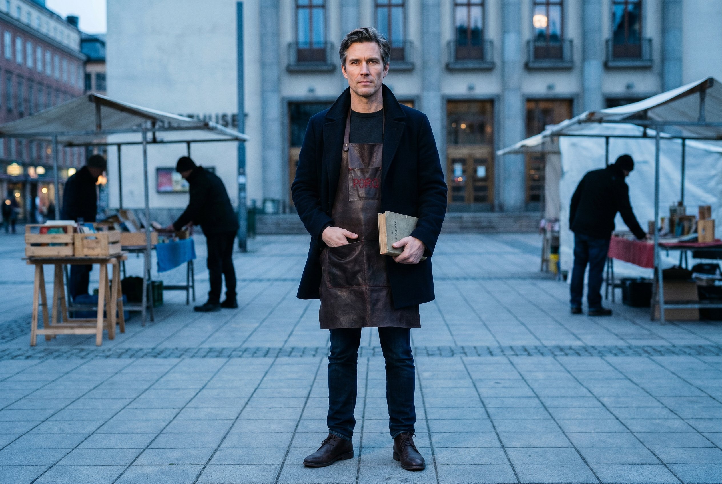 Joonas's Saturday-book-market apron at Hötorget — a meänkieli word stitched in red by his grandfather, 1985