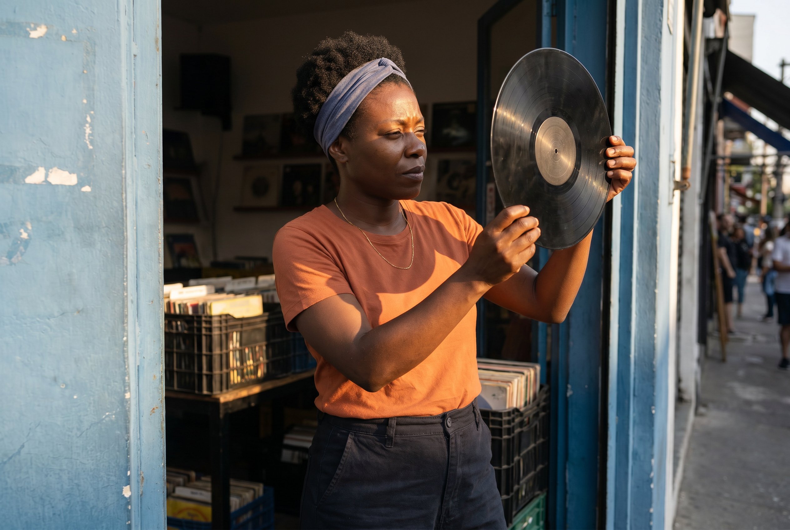 Andréa at the open doorframe of her Rua Wisard shop, the vinyl held up to the golden-hour, the inspection-gesture of an eleven-year crate-digger